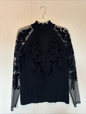 INC NWOT Black Sheer Velvet-Appliqué Pullover Sweater